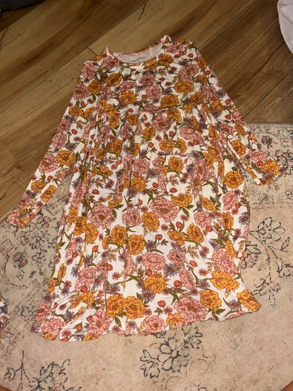 Angel Dear White Floral Long Sleeve Dress with Pink & Yellow Flowers